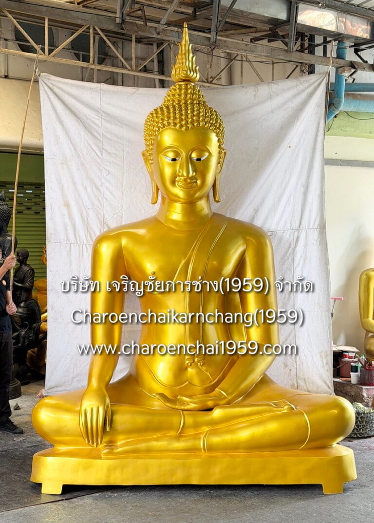 พระสุโขทัย 100 นิ้ว ฐานเตี้ย สดุ้งมาร ทองเหลือง พ่นสีทอง พิมพ์ บญ.