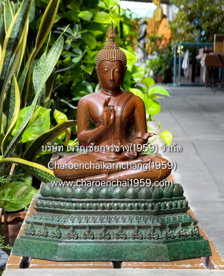 พระสุโขทัย 9 นิ้ว พิมพ์สวย ประทานพร ทองเหลือง องค์สีอิฐ ฐานสีเขียวลายหิน พิมพ์ จช.ล2.