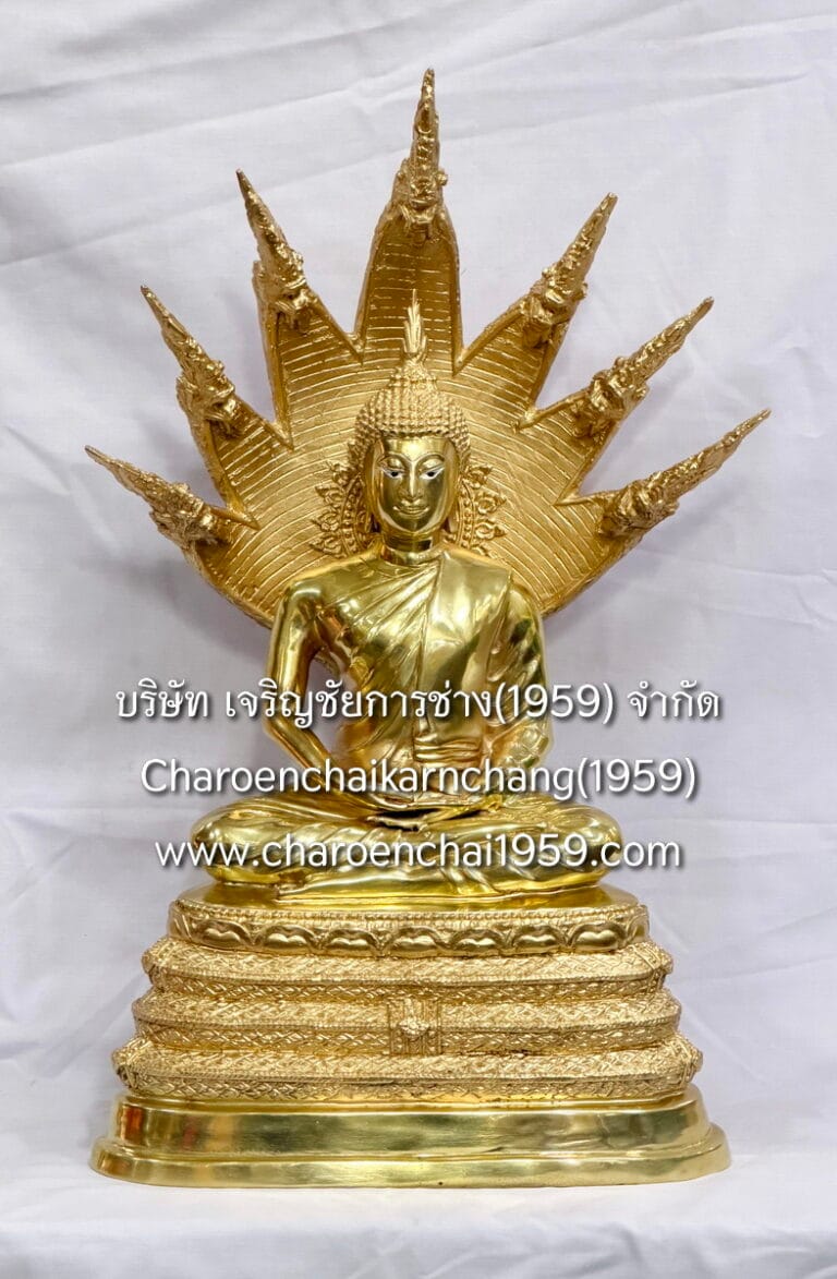 พระนาคปรก 9 นิ้ว นาค7เศียร จีวรริ้ว พิมพ์สวย ทองเหลือง ขัดเงา พิมพ์ เพชร.ขุน.