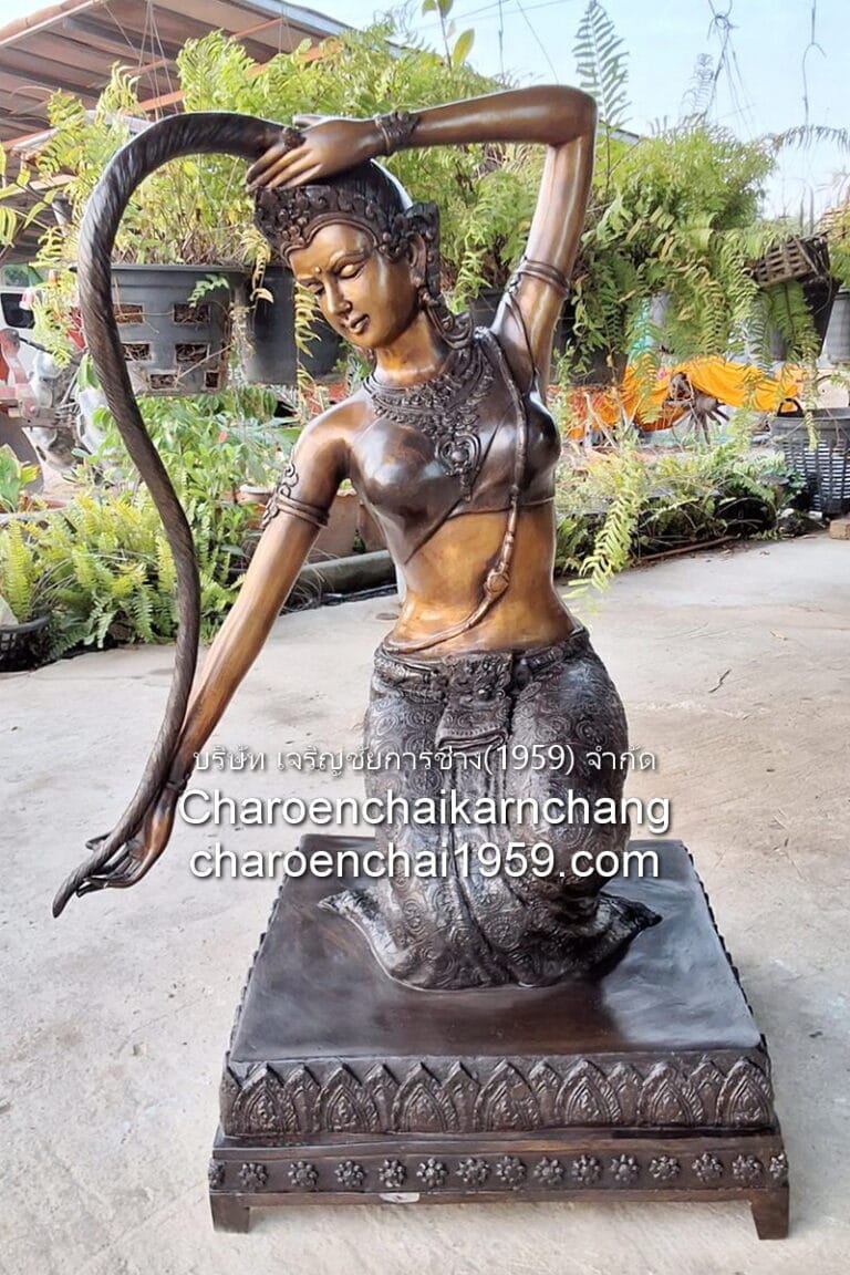 พระแม่ธรณี 25 นิ้ว นั่งเอี้ยวขวา ฐานเหลี่ยม ทองเหลือง รม2สี พิมพ์ ติ๋ม.