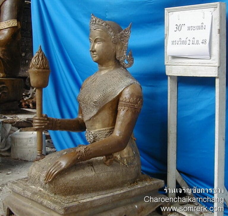 แม่พระเพลิง 30 นิ้ว ท่านั่ง ทองเหลือง ลงทราย พิมพ์ จช. (ด้านข้าง)