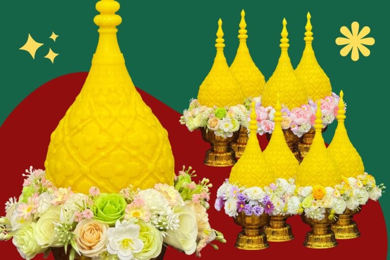 พุ่มเทียนไข 5 นิ้ว ลายตารางดอกพิกุล แต่งดอกไม้ผ้า พานลาวไฟเบอร์ 14 ซม. จช.