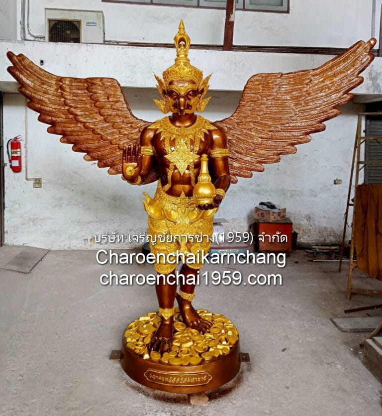 พญาครุฑ 35 นิ้ว ท่ายืน สูง 270 ซม ฐานกลม พิมพ์หนาพิเศษ ทองเหลือง สีมันปูทาทอง พิมพ์ จช.