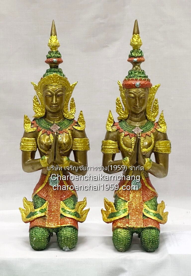 เทพพนม นั่งคุกเข่า สูง 13 นิ้ว ทองเหลือง เพ้นท์สี พิมพ์ ยวภ.