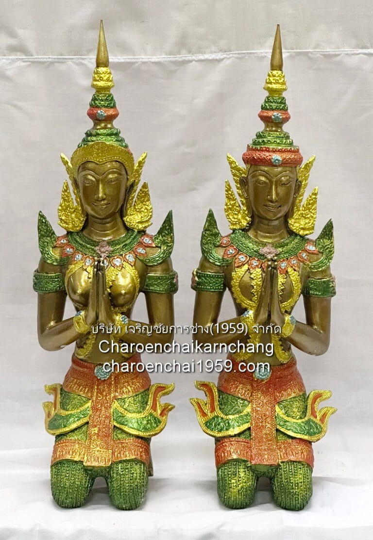 เทพพนม นั่งคุกเข่า ขนาด สูง 19 นิ้ว ทองเหลือง เพ้นท์สี พิมพ์ ยวภ.