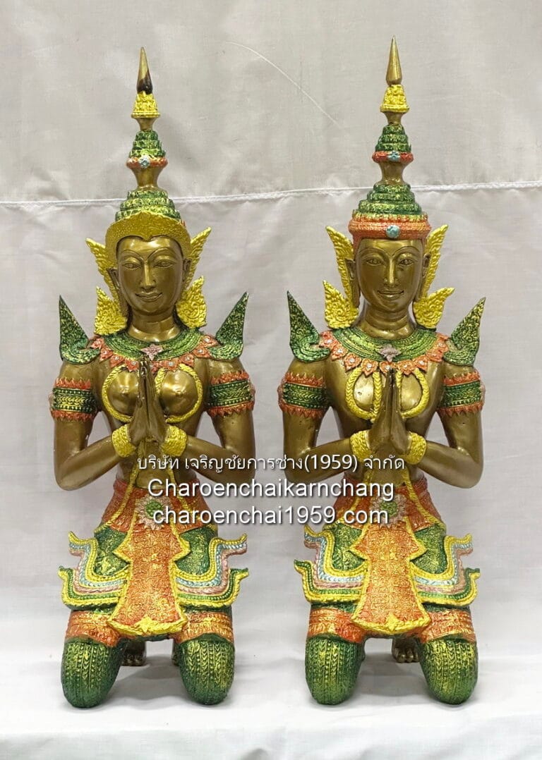 เทพพนม นั่งคุกเข่า ขนาด สูง 24 นิ้ว ทองเหลือง เพ้นท์สี พิมพ์ ยวภ.