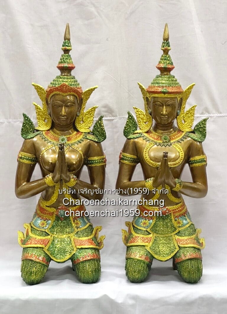 เทพพนม นั่งคุกเข่า ขนาด สูง 31 นิ้ว ทองเหลือง เพ้นท์สี พิมพ์ ยวภ.