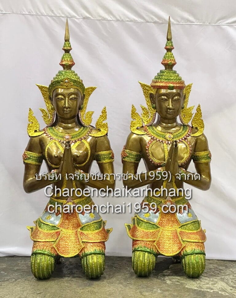 เทพพนม นั่งคุกเข่า ขนาด สูง 42 นิ้ว ทองเหลือง เพ้นท์สี พิมพ์ ยวภ.