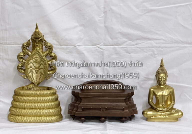 พระนาคปรก 5 นิ้ว (นั่งในปรก) ทองเหลือง องค์ขัดเงา-นาคมันปู พิมพ์ กนท. ถอดประกอบได้