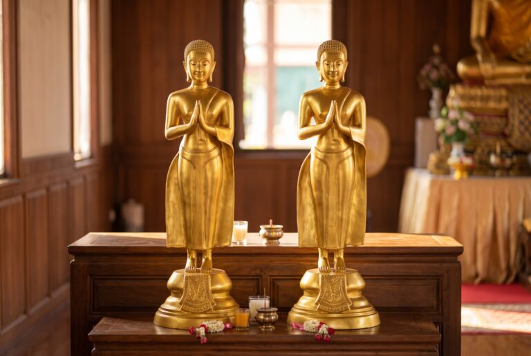 พระโมคลา 12 นิ้ว ยืน ทองเหลือง พ่นสีทอง